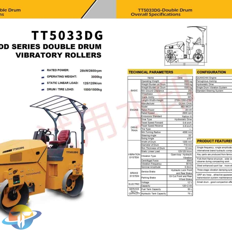 The TT5033DG DD series single drum vibratory rollers equipped with QUANCHAI engine fuel efficient for sale