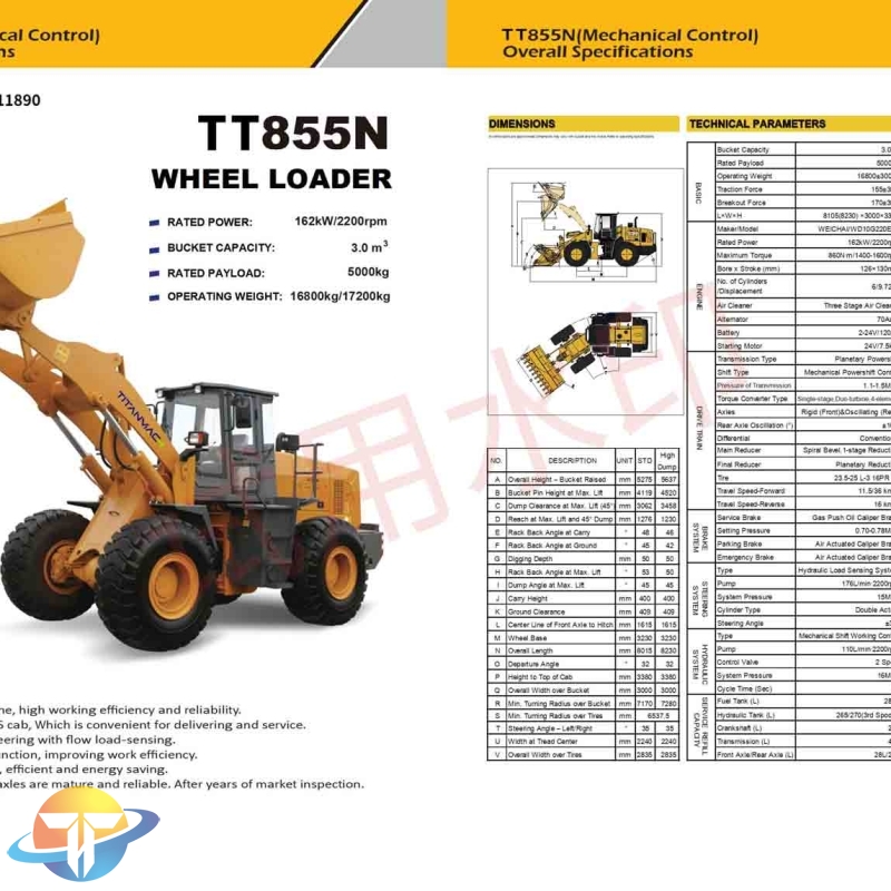 The TT855N wheel loader with WEI CHAI engine. Lonking gear box and axles are mature and reliable for sale.