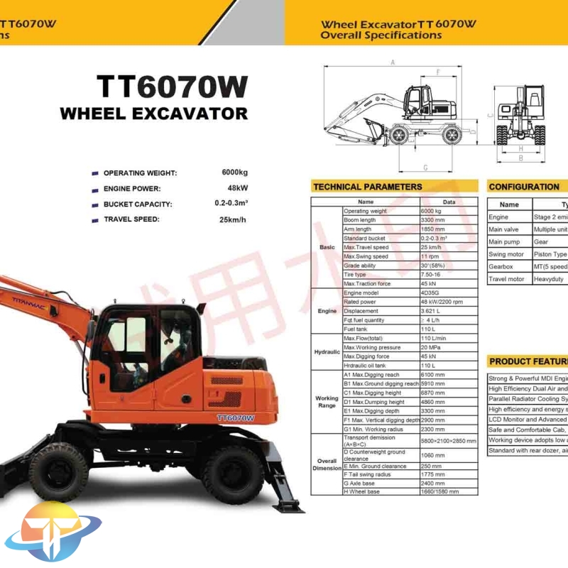 The TT6070W wheeled excavator equipped with a Strong & Powerful MDI Engine. Water Cooled, Four Stroke for sale
