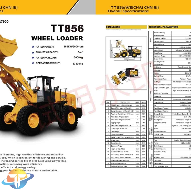 The TT856 wheel loader with WEICHAI powerful nation II engine, high working efficiency provides a comfortable and safe experience
