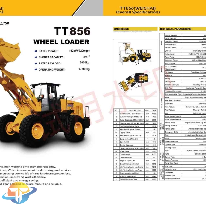 The TT856 wheel loader with WEICHAI powerful engine, improve work efficiency for sale