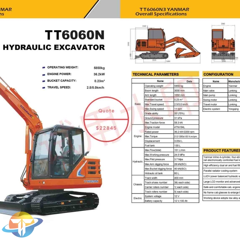 The new TT6060N mini excavator with a Yanmar inline 4-cylinder, four-stroke engine is a hot seller.