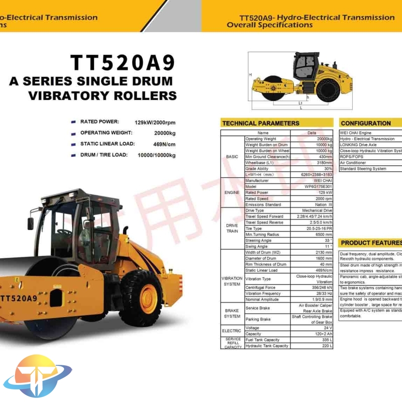 The TT520A9 A series single drum vibratory rollers equipped with WEI CHAI engine fuel efficient for sale