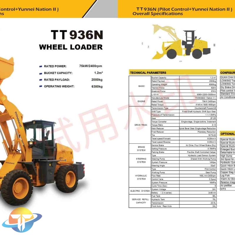 The TT936N wheel loader with QUAN CHAI engine and pilot controls for sale