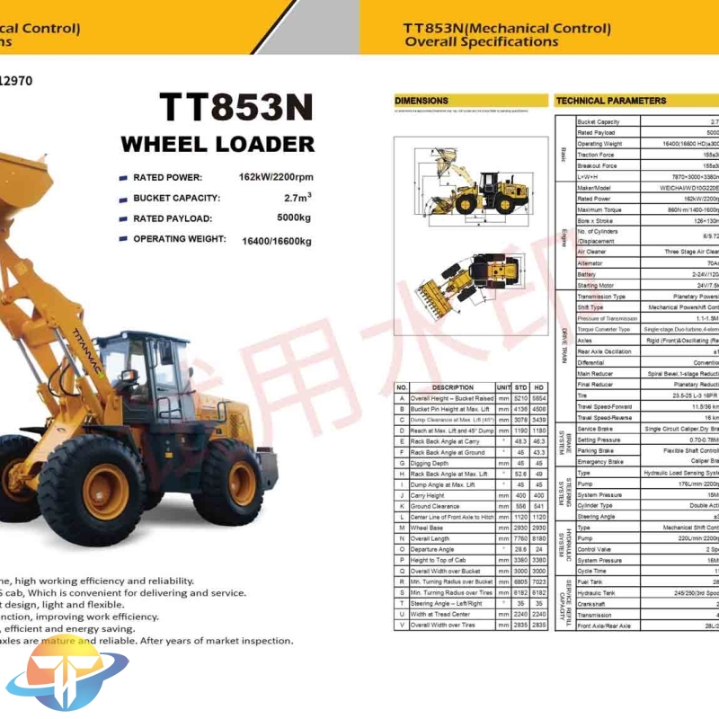 The TT853N wheel loader with a WEI CHAI engine is convenient for delivering and servicing.