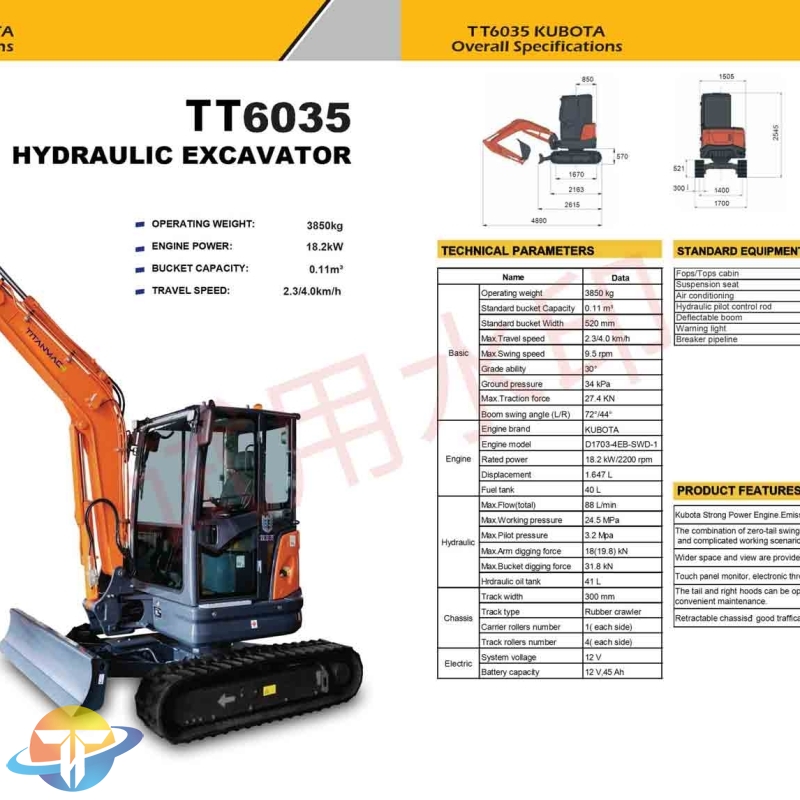 The TT6035 mini excavator with KUBOTA powerful engine, easy to operate for sale