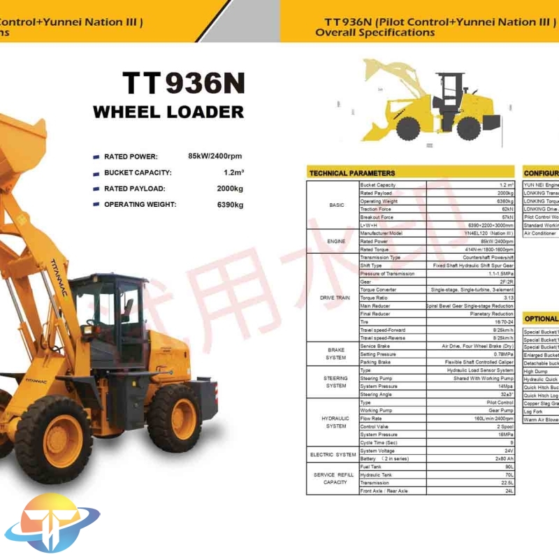 The TT936N wheel loader with YUN NEI engine and pilot controls for sale