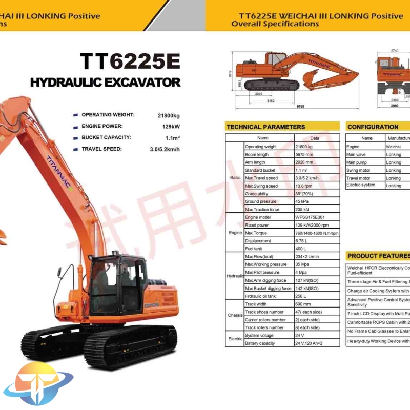 The TT6225E medium hydraulic excavator equipped with WEICHAI HPCR Electronically Controlled Engine, fuel-efficient for sale