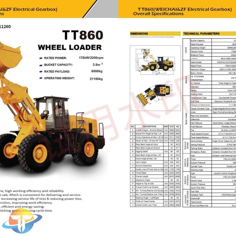 The TT860 wheel loader with WEICHAI powerful engine, high efficiency and energy saving for sale