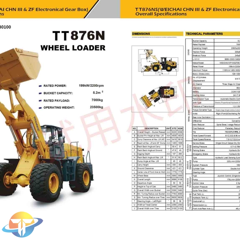 The TT876N large wheel loader with WEICHAI national III powerful engine, powerful for sale
