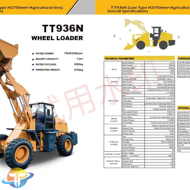 The TT936N wheel loader with YUN NEI engine Low Type H2750mm + Agricultural tires control for sale