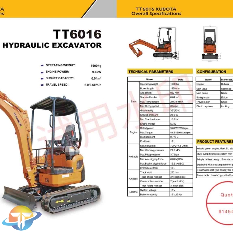 TT6016 KUBOTA small excavator green engine retractable chassisd good trafficabillity and more stable.
