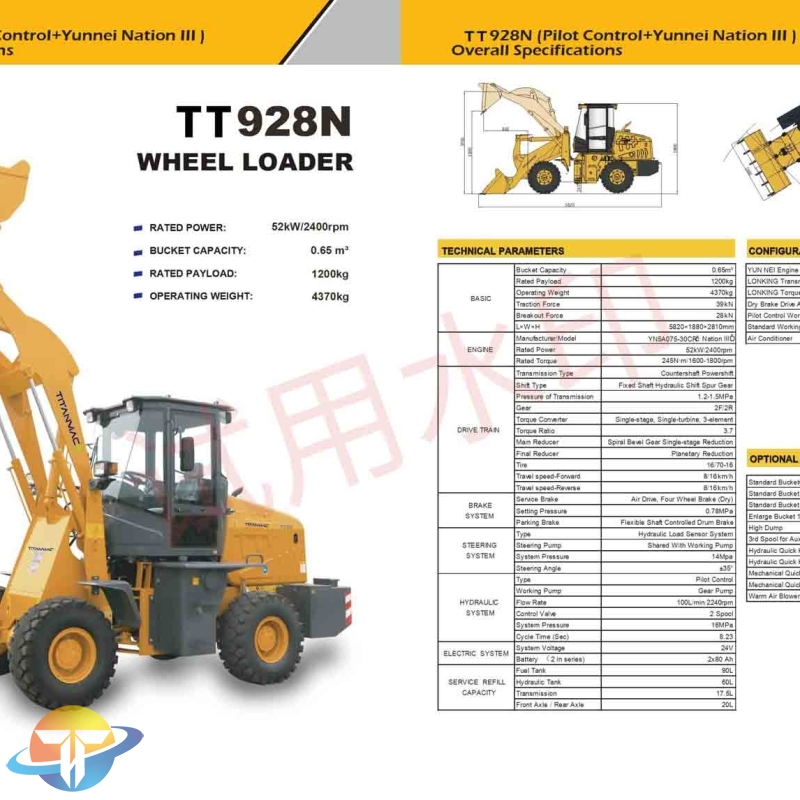 The TT928N wheel loader with Pilot Control and YUN NEI Engine for sale