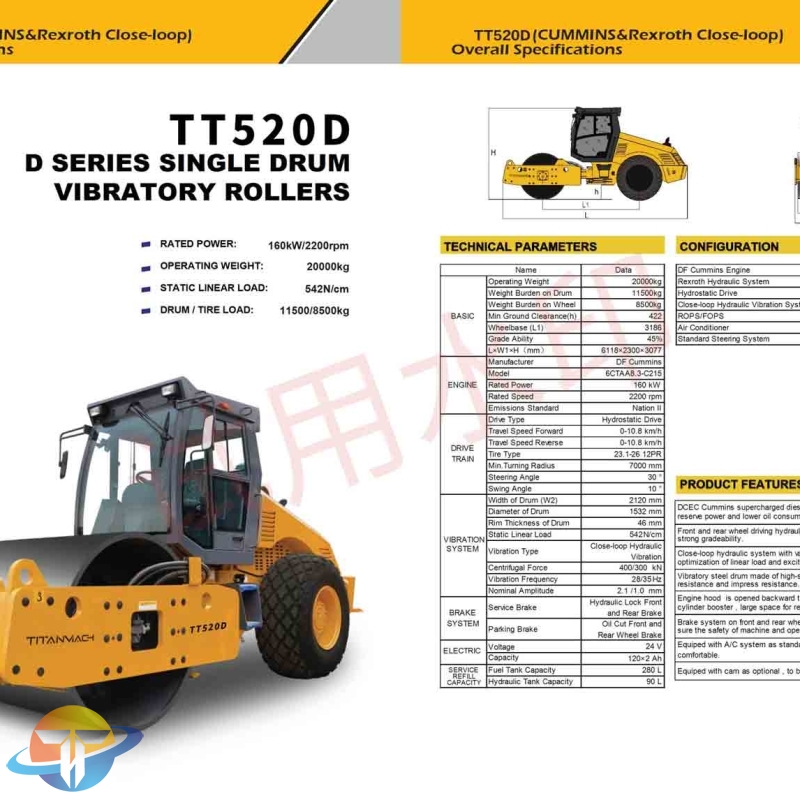 The TT520D D series single drum vibratory rollers equipped with CUMMINS engine fuel efficient for sale