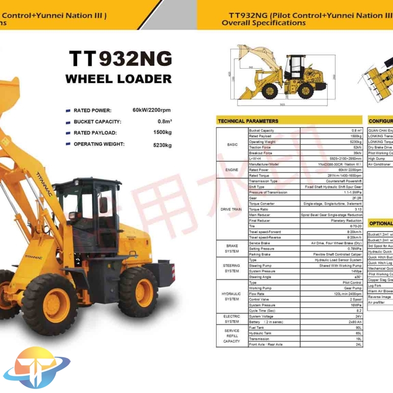 The TT932NG wheel loader with Pilot Control and YUNNEI Engine is customizable and available for sale.