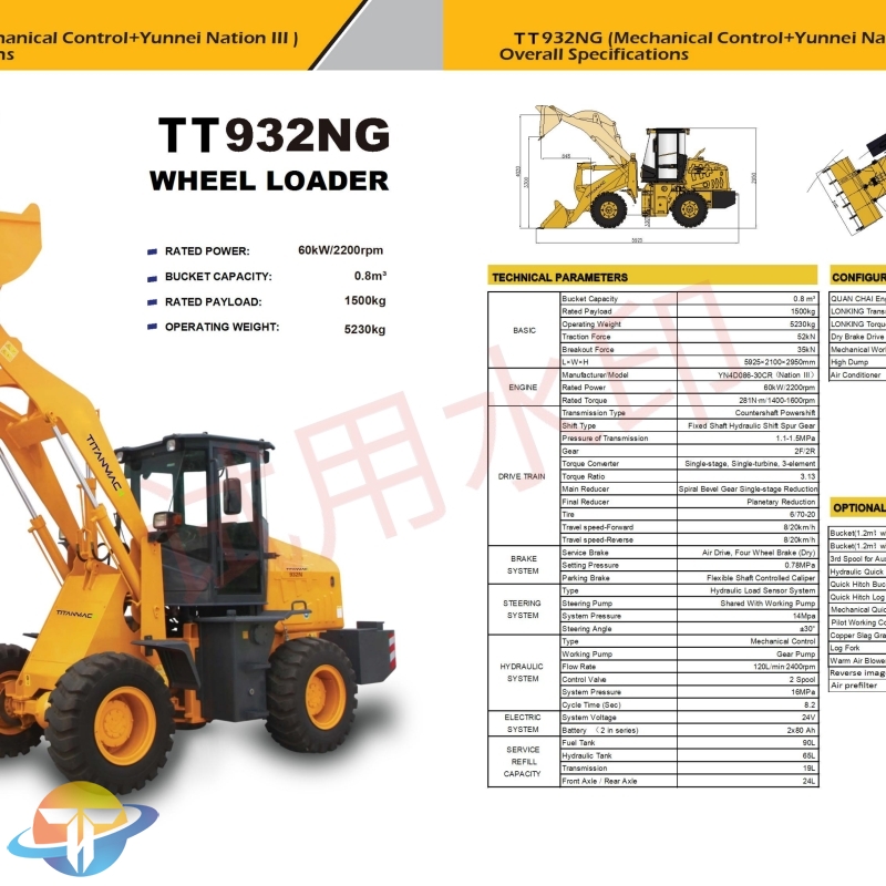 The TT932NG wheel loader with Mechanical Control and QUAN CHAI Engine is customizable and available for sale.
