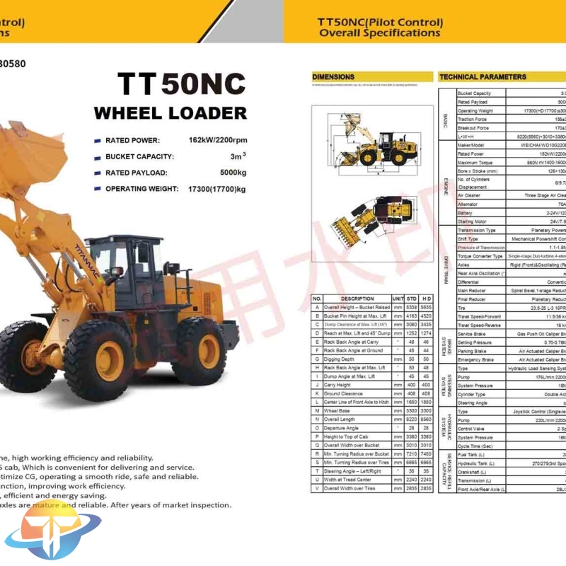The TT50NC wheel loader with WEI CHAI engine. The LONKING gear box and axles are mature and reliable for sale.