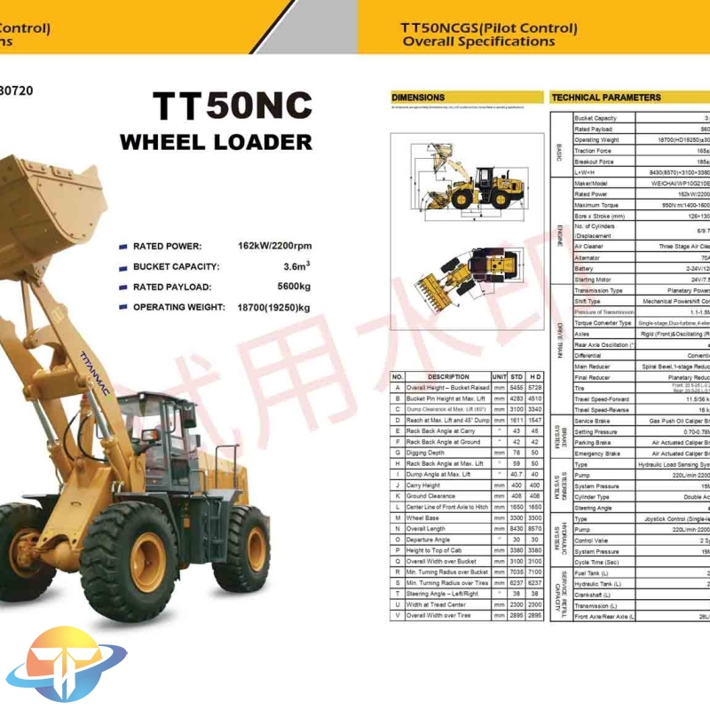 The TT50NC wheel loader with WEICHAI powerful engine, high working efficiency provides a comfortable and safe experience