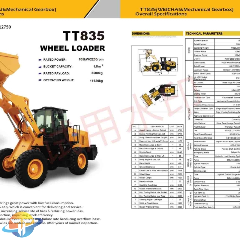 The TT835 wheel loader with a WEI CHAI engine provides a smooth and safe driving experience for sale