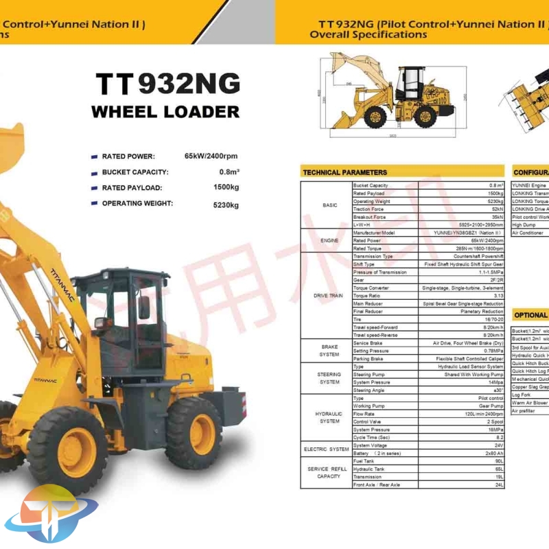 The TT932NG wheel loader equipped with Mechanical Control and YUNNEI Engine is customizable and available for sale.
