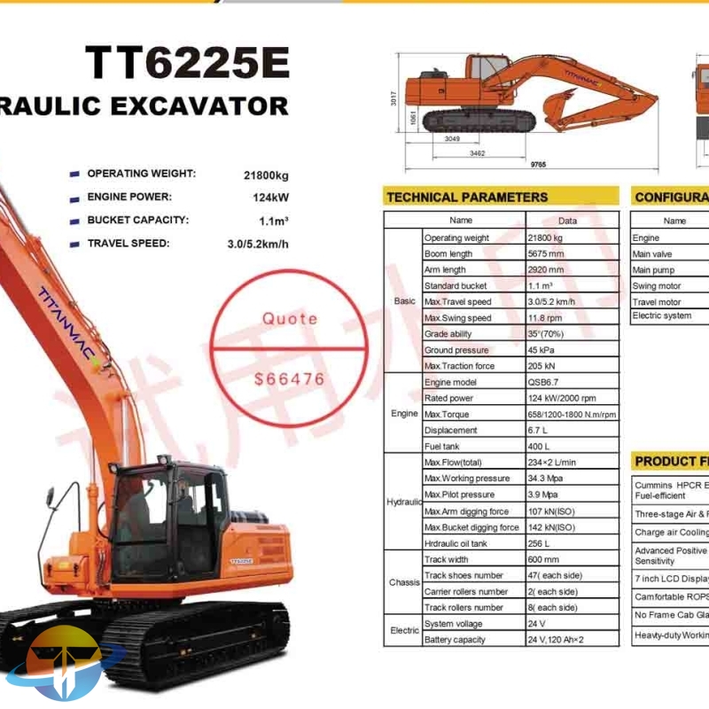 This TT6225E hydraulic excavator 21 tons is equipped with Cummins HPCR Electronically Controlled Engine