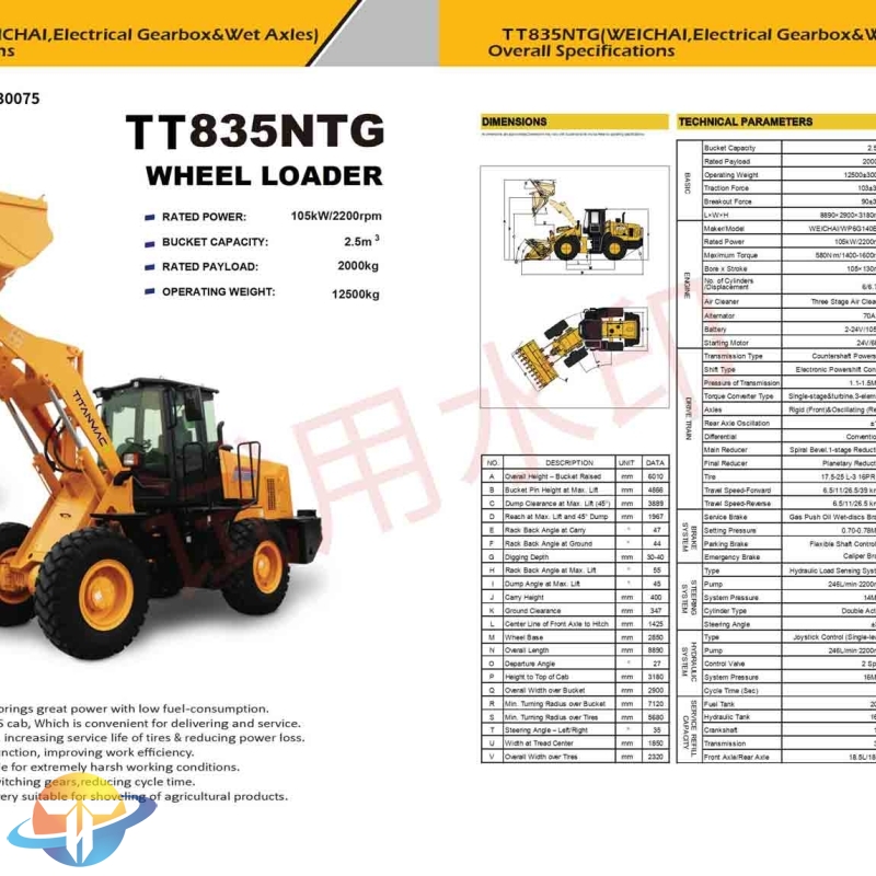 The TT835NTG wheel loader with WEI CHAI engine high working efficiency and provides a smooth and safe driving experience for sale