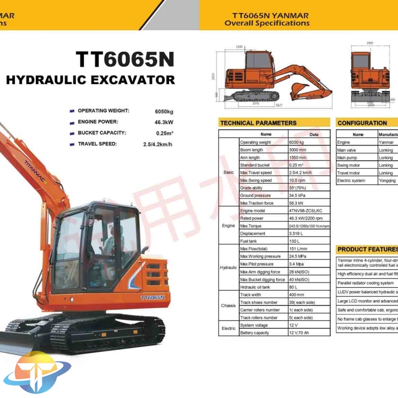 The TT6065N mini excavator with YANMAR engine, simple to operate for sale