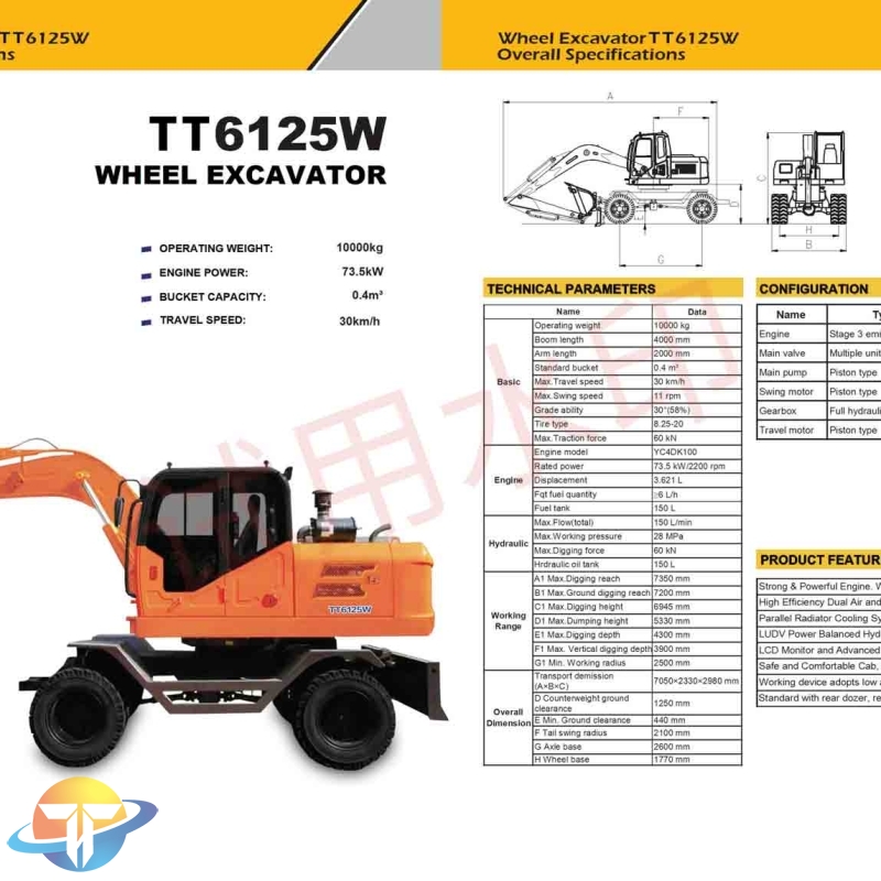 The TT6125W wheeled excavator equipped with a Strong & Powerful MDI Engine. Water Cooled, Four Stroke for sale