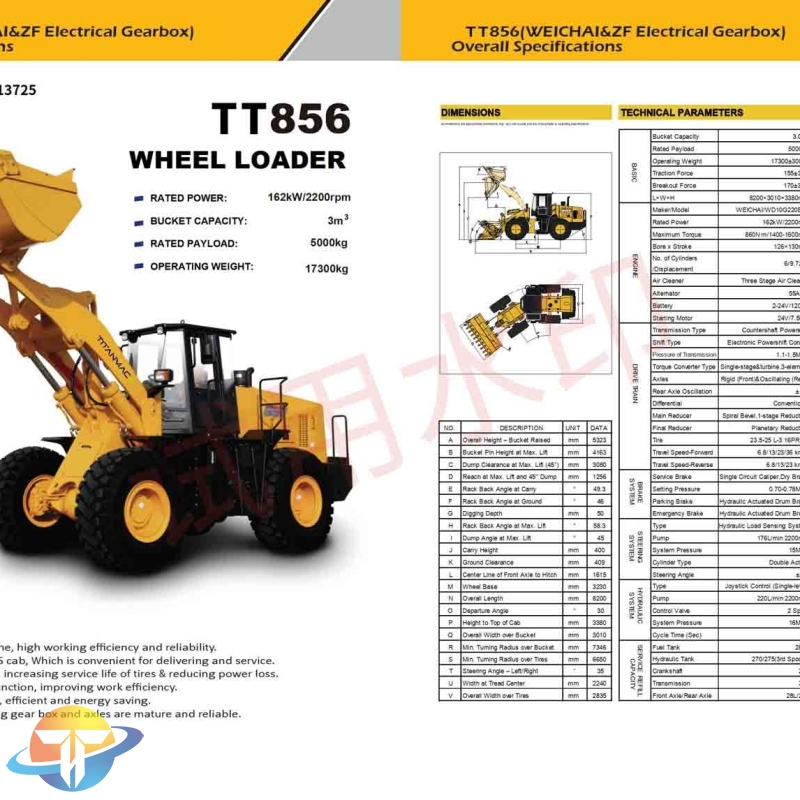 The TT856 wheel loader with WEICHAI powerful engine improves work efficiency and provides a comfortable and safe experience.
