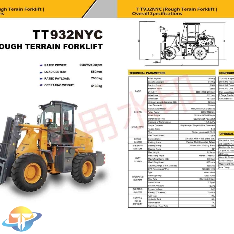The TT932NYC Rough Terain Forklift with YUN NEI Engine Mechanical Work Control for sale