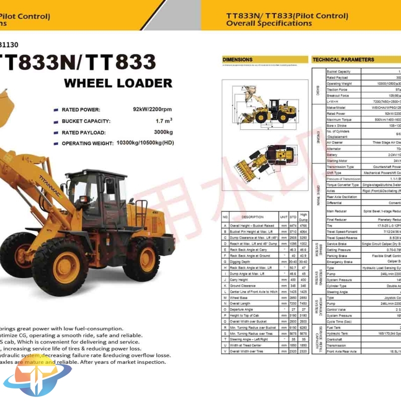 The TT833N/TT833 wheel loader with WEI CHAI engine with high power and low fuel consumption is for sale