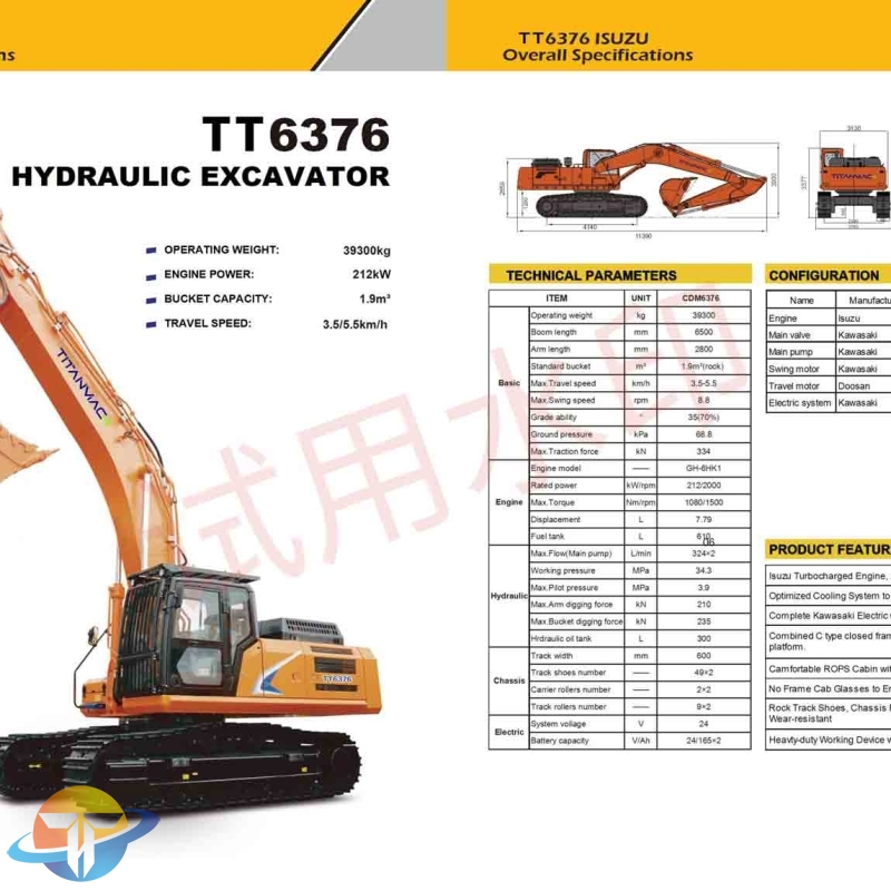 The TT6376 large hydraulic excavator equipped with Isuzu Turbocharged Engine, Large Displacement, Strong Power for sale