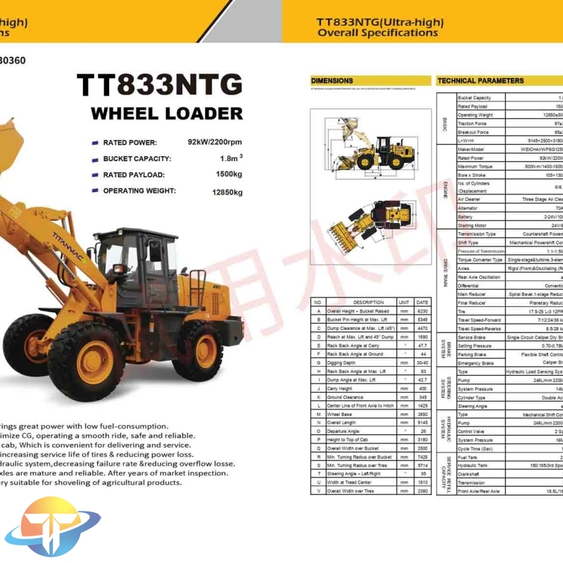 The TT833NTG wheel loader with WEI CHAI engine provides a smooth and safe driving experience for sale