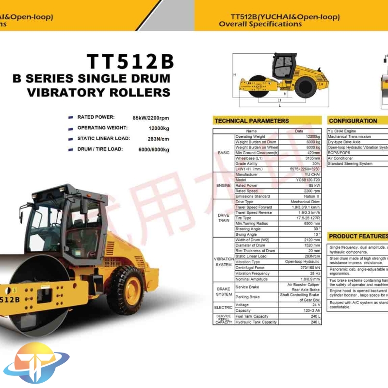 The TT512B B series single drum vibratory rollers equipped with YU CHAI engine. Single frequency. dual amplitude for sale