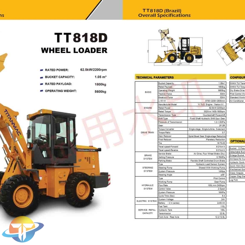 The TT818D wheel loader equipped with SHANTUI Transmission supports customization for sale