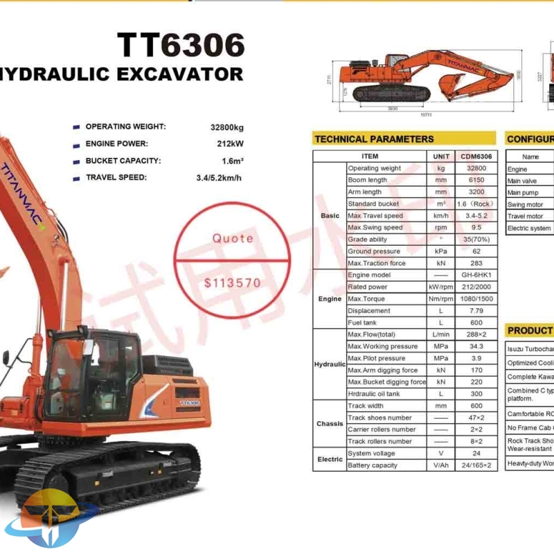 This new TT6306 32-ton heavy excavator is equipped with Isuzu Turbocharged Engine, Large Displacement, Strong Power