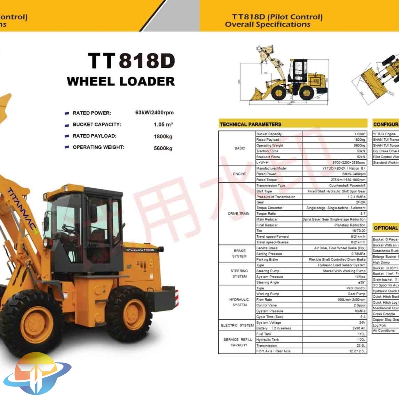 The TT818D wheel loader equipped with YI TUO Engine pilot control working system for sale