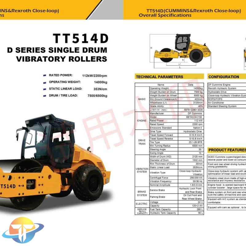The TT514B B series single drum vibratory rollers equipped with WEI CHAI engine are easy to operate and are for sale.